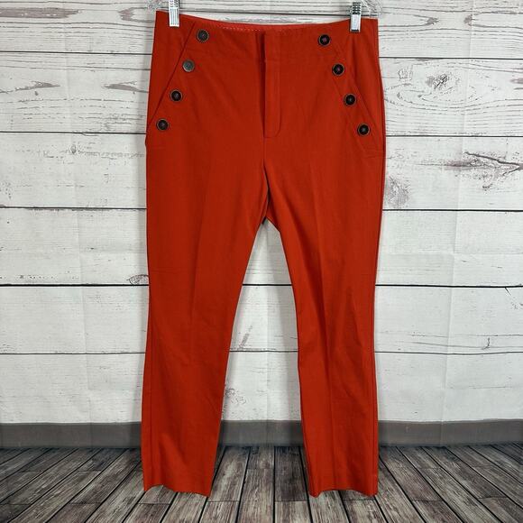 Anthropologie Pants Womens 10 Red Orange Essential Slim Button Pockets Career - Picture 1 of 16
